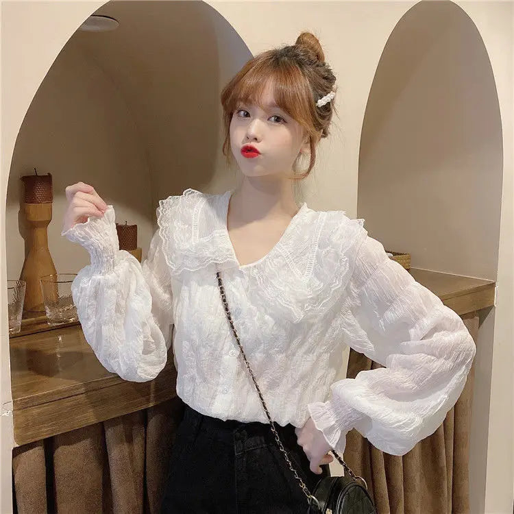 Camisa Cuello Peter Pan Mujer Coreana - Blusa Manga Larga Kawaii Primavera