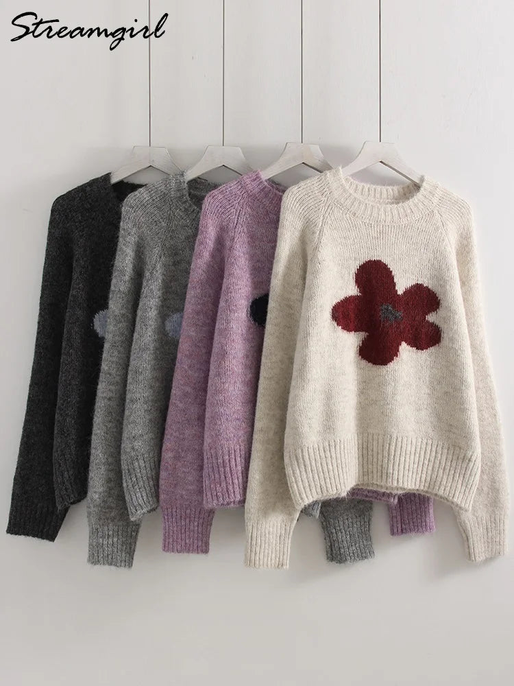 Jersey Mujer Invierno Flores Gris - Punto Holgado Cálido Vintage