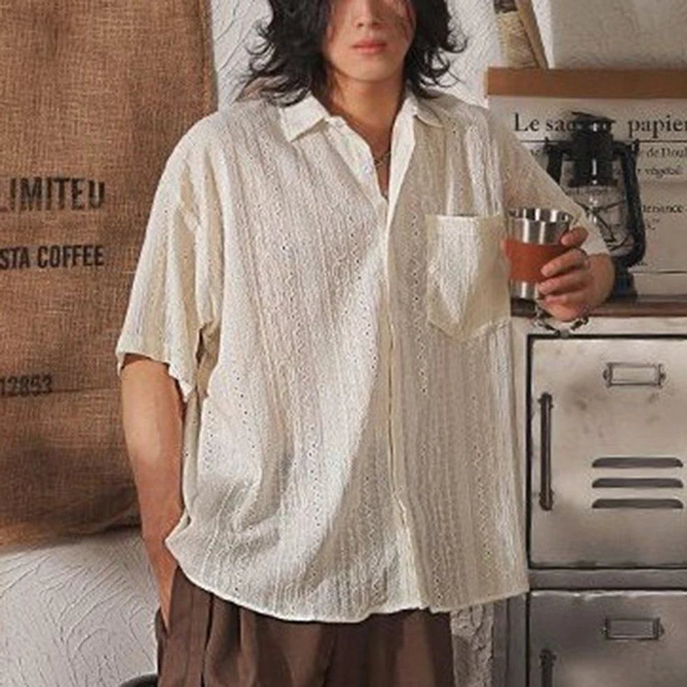 Camisa Hombre Casual Suelta Calada Manga Corta - Bolsillos Retro Fashion Vacaciones Diario