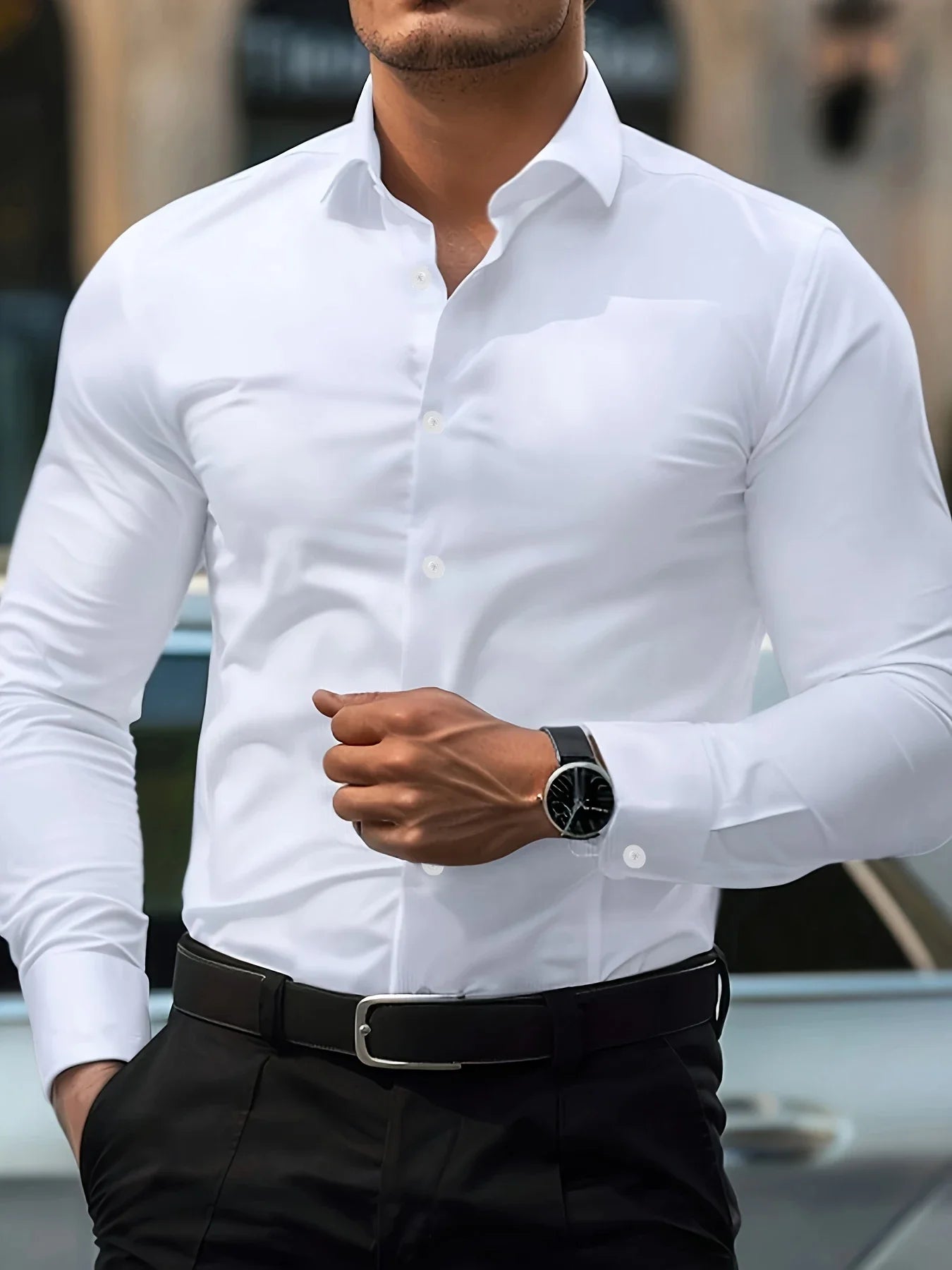 Camisa Formal Hombre Tejido Elástico | Manga Larga Elegante Oficina