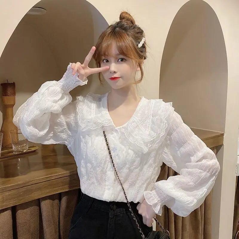 Camisa Cuello Peter Pan Mujer Coreana - Blusa Manga Larga Kawaii Primavera