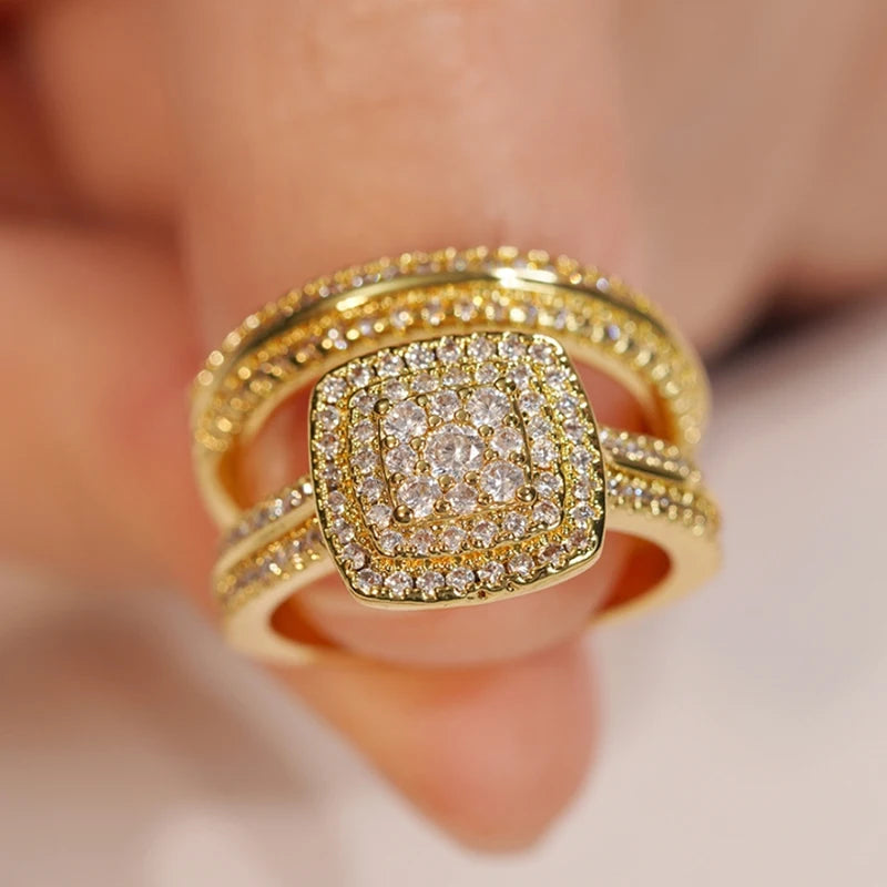 Set 2 Anillos Apilables Doble - Lujo Oro Circonita Compromiso Mujer