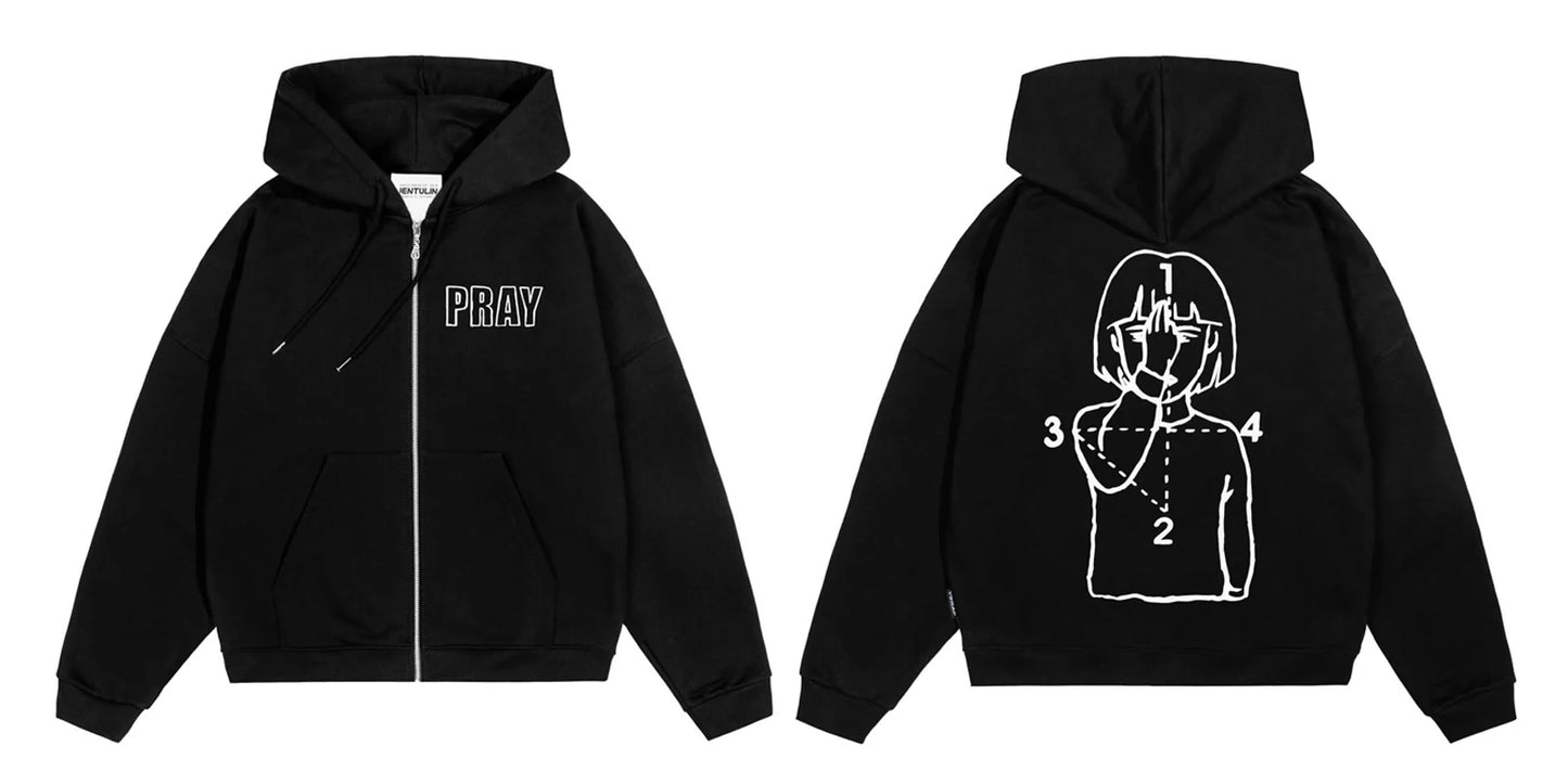 Sudadera Zip Up Hip Hop Unisex - Hoodie Pray Graphic Oversized Y2K