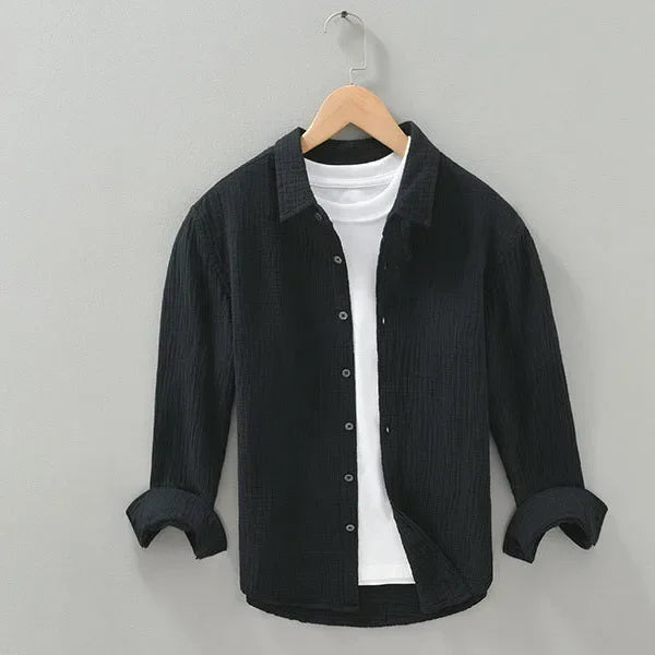Camisa Hombre Gasa Doble Algodón - Casual Arrugada Manga Larga Suave Transpirable Cuello Cuadrado