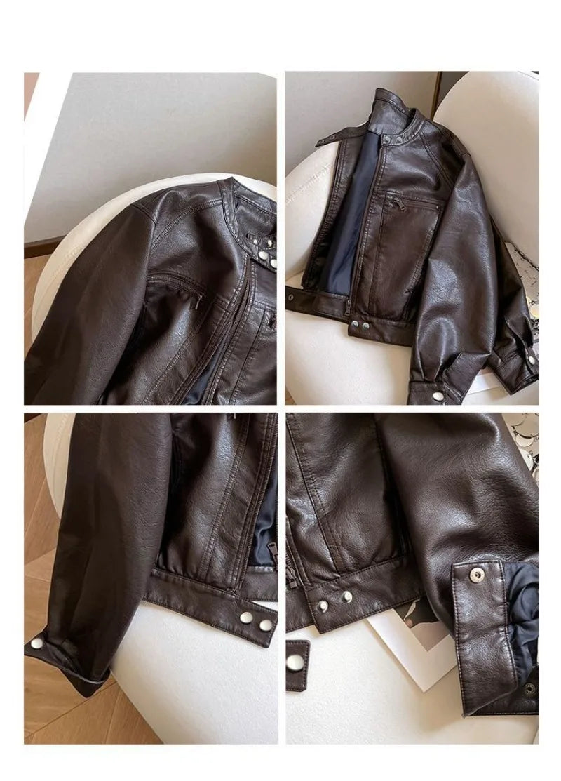 Chaqueta Cuero PU Americana - Chaqueta Locomotora Cuello Alto 2025