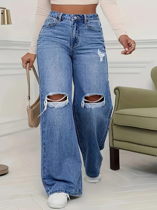 Vaqueros Mujer Pierna Recta Rotos - Jeans Cintura Alta Casual