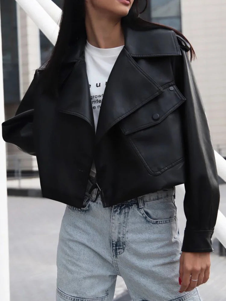 Chaqueta Cuero Mujer Moto Biker - Chaqueta PU Streetwear Corta
