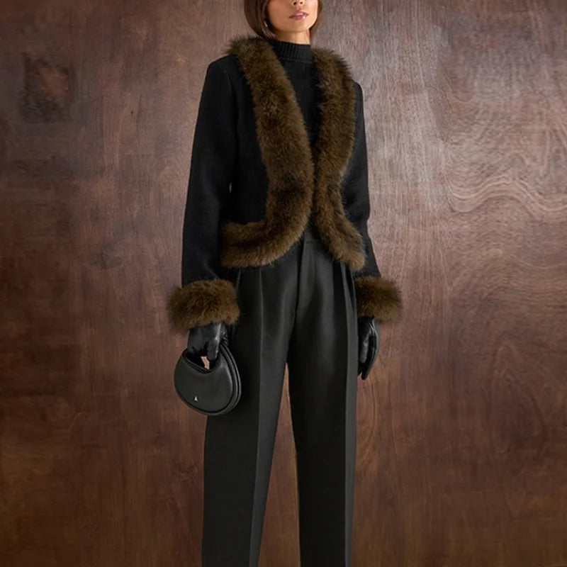 Abrigo Mujer Elegante Cuello Piel - Abrigo Patchwork Slim 2025