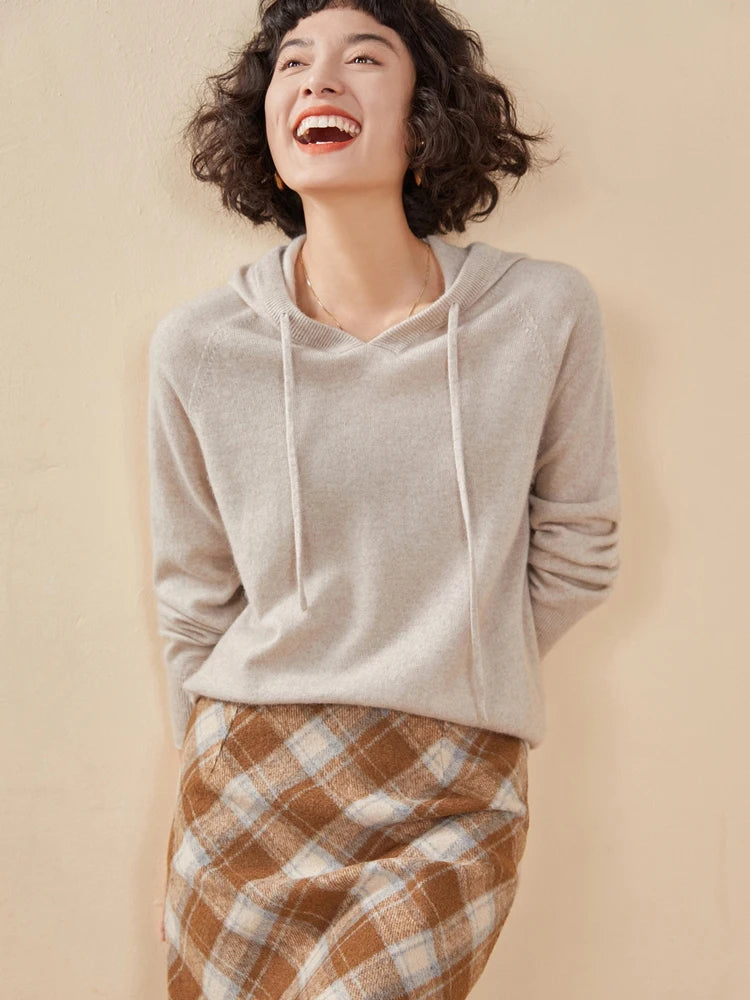 Sudadera Mujer Cashmere Capucha 100% - Pullover Punto Otoño Invierno Lujo