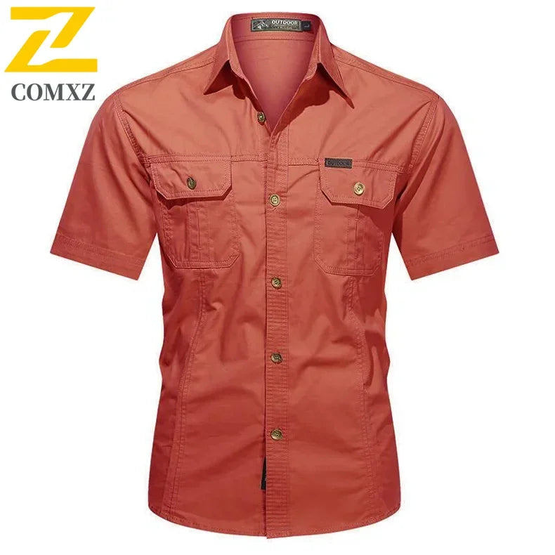 Camisa Hombre Trabajo Cargo 2025 - 100% Algodón Manga Corta Multi-Bolsillos Pesca Caza Verano