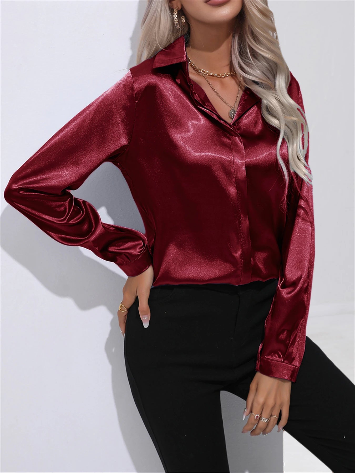 Camisa Satén Mujer Oficina - Blusa Cuello Botón Manga Larga