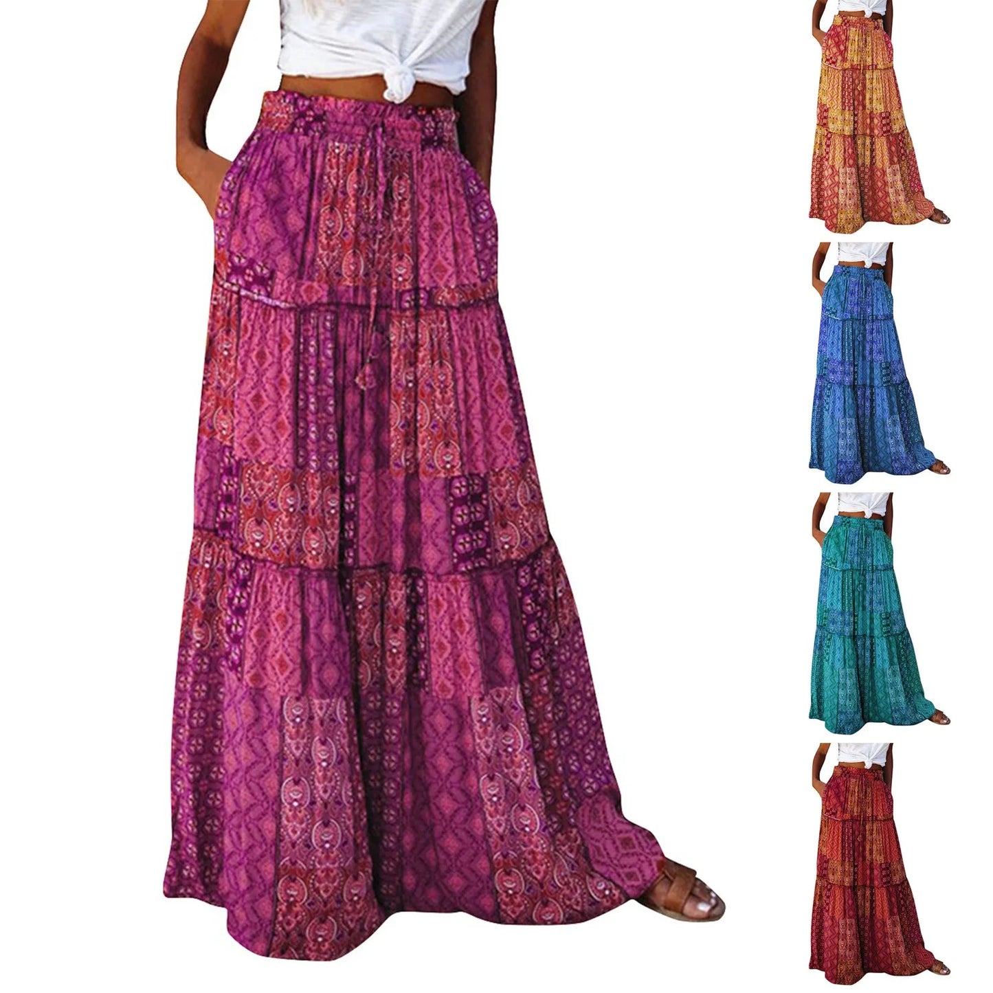 Falda Bohemia Mujer Larga Estampada - Falda Cintura Elástica Bolsillos Primavera