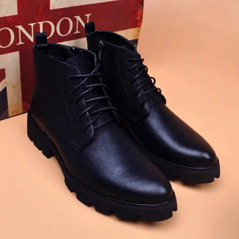 Botas Hombre Cuero Natural Negras - Casual Otoño Invierno Cowboy Platform Business Oficina Tobillo