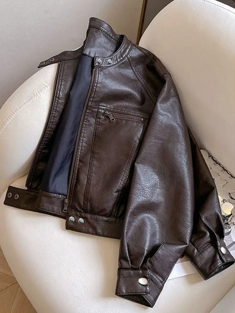 Chaqueta Cuero PU Americana - Chaqueta Locomotora Cuello Alto 2025