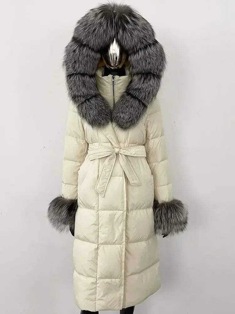 Abrigo Mujer Plumas Pato Piel Mapache - Chaqueta Larga Invierno Lujo