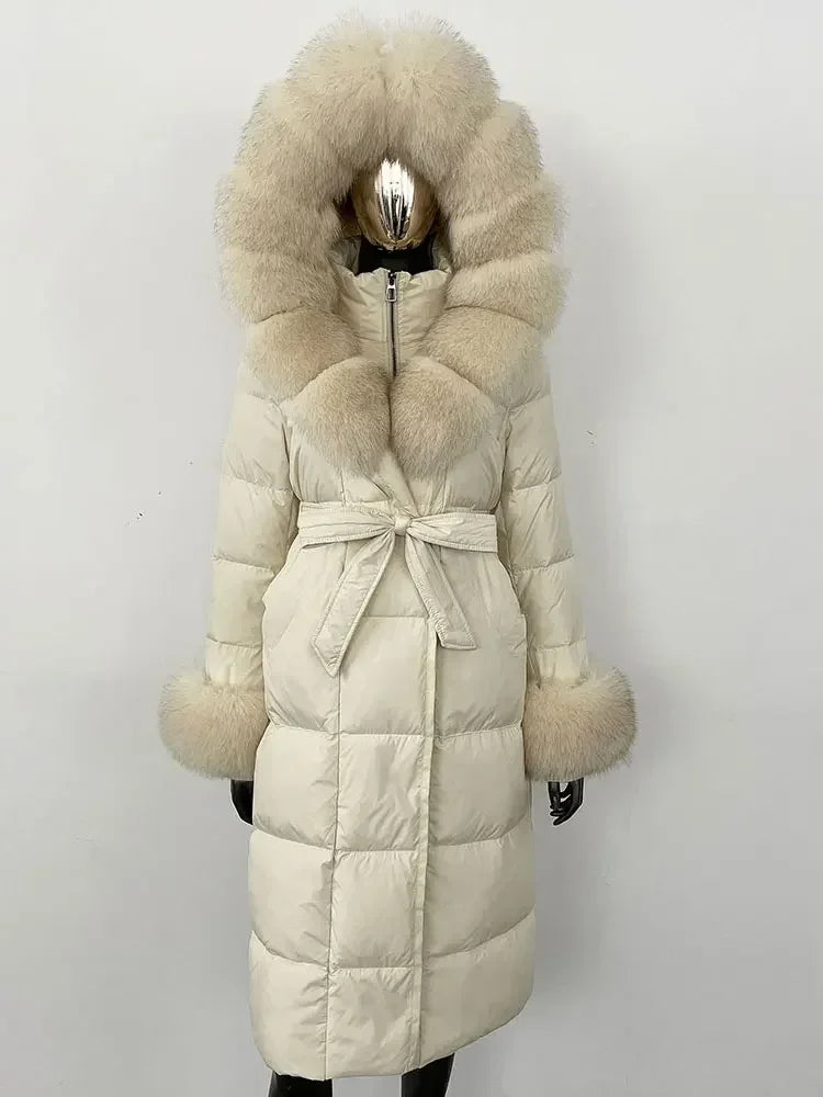 Abrigo Mujer Plumas Pato Piel Mapache - Chaqueta Larga Invierno Lujo