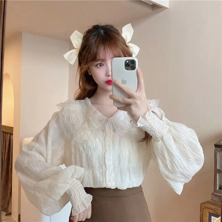 Camisa Cuello Peter Pan Mujer Coreana - Blusa Manga Larga Kawaii Primavera