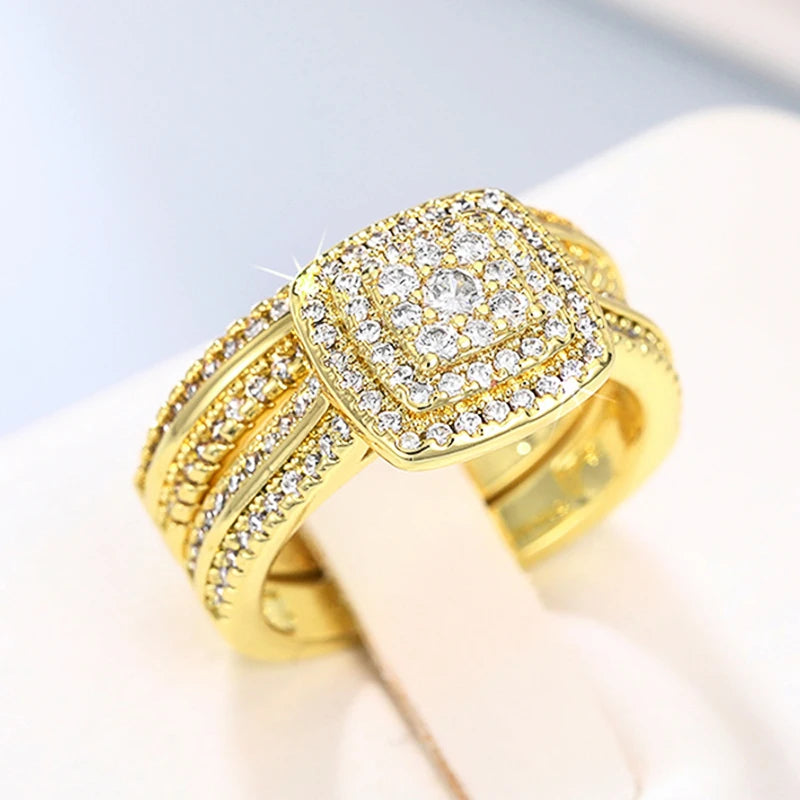 Set 2 Anillos Apilables Doble - Lujo Oro Circonita Compromiso Mujer