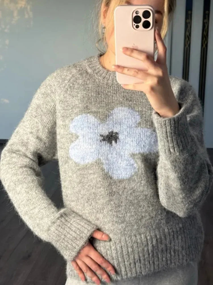 Jersey Mujer Invierno Flores Gris - Punto Holgado Cálido Vintage