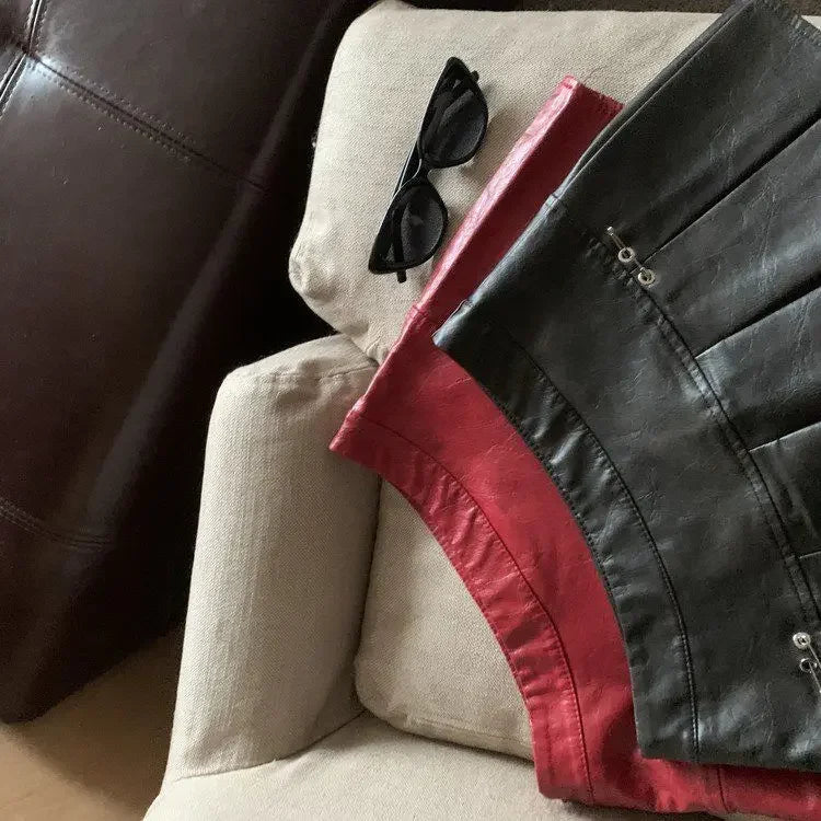 Falda Piel Plisada Mujer Mini - Falda Cuero PU Cintura Alta Roja Negra