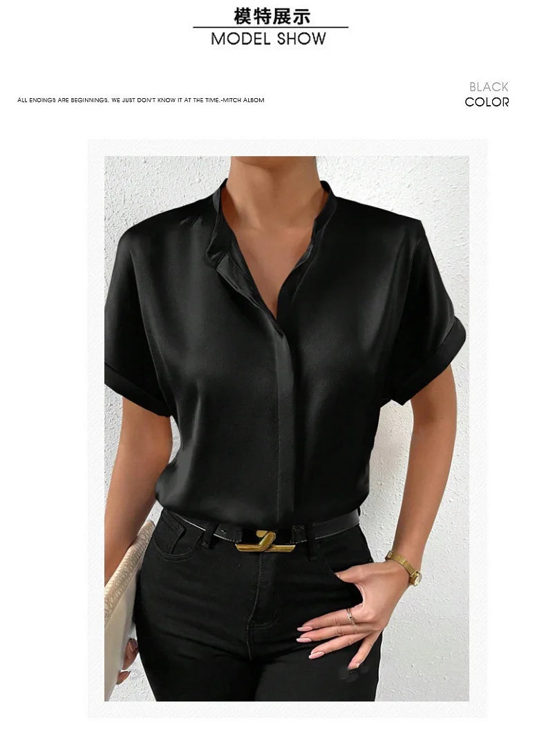 Camisa Satén Mujer Manga Corta - Blusa Oficina Básica 2025