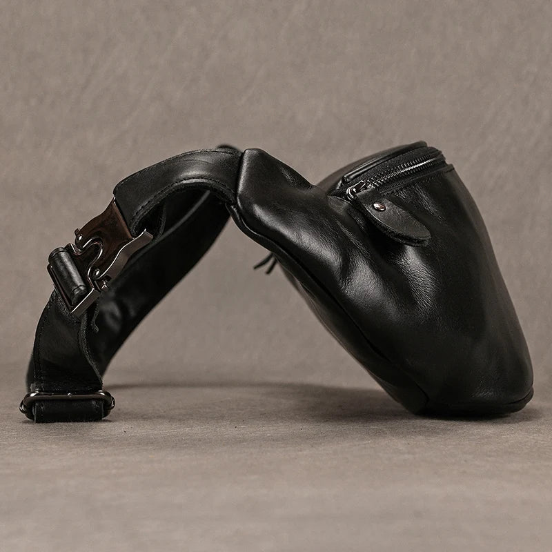 Riñonera Cuero Genuino Hombre - Bolsa Cinturón Móvil Mini Viaje Pecho Crossbody Negra