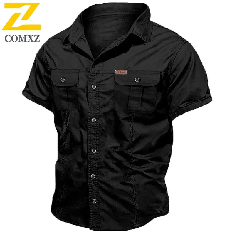 Camisa Hombre Trabajo Cargo 2025 - 100% Algodón Manga Corta Multi-Bolsillos Pesca Caza Verano