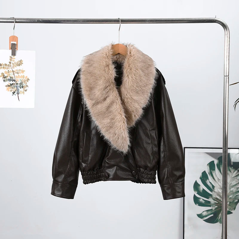 Chaqueta Mujer Elegante PU Piel - Chaqueta Solapa Doble Botón 2025