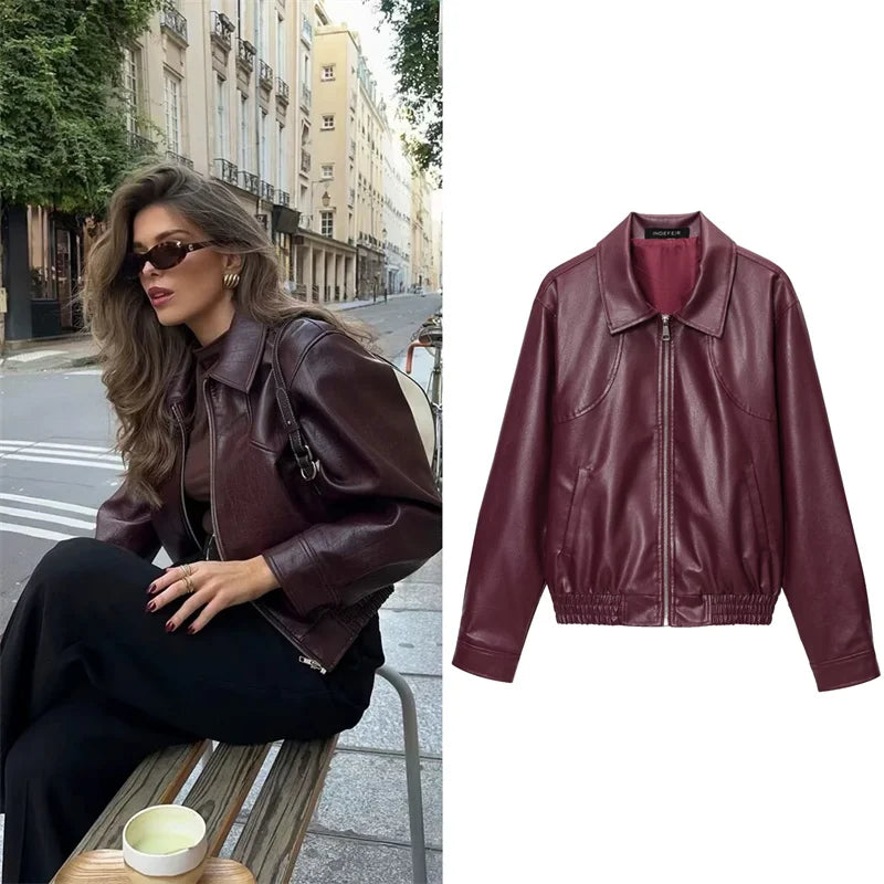 Chaqueta Cuero Mujer Burgundy - Chaqueta Retro Americana 2025