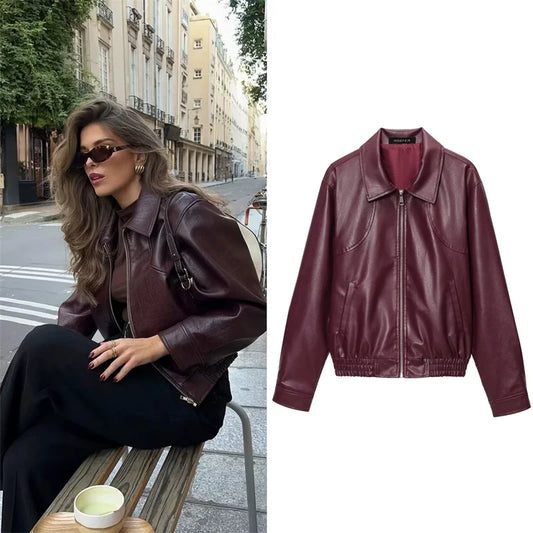 Chaqueta Cuero Mujer Burgundy - Chaqueta Retro Americana 2025