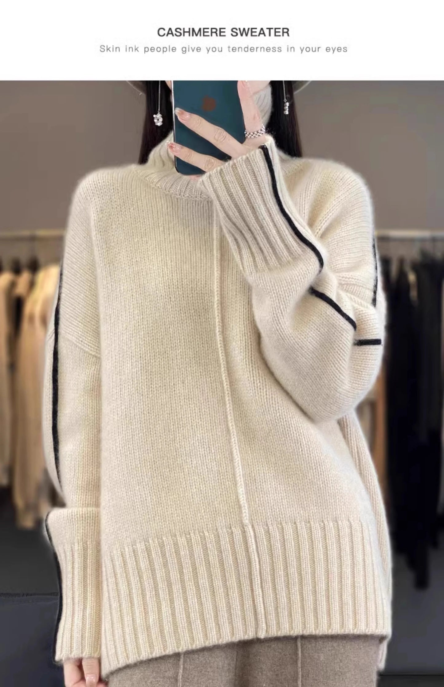 Jersey Mujer Cashmere 100% Cuello Alto - Holgado Grueso Invierno Lujo