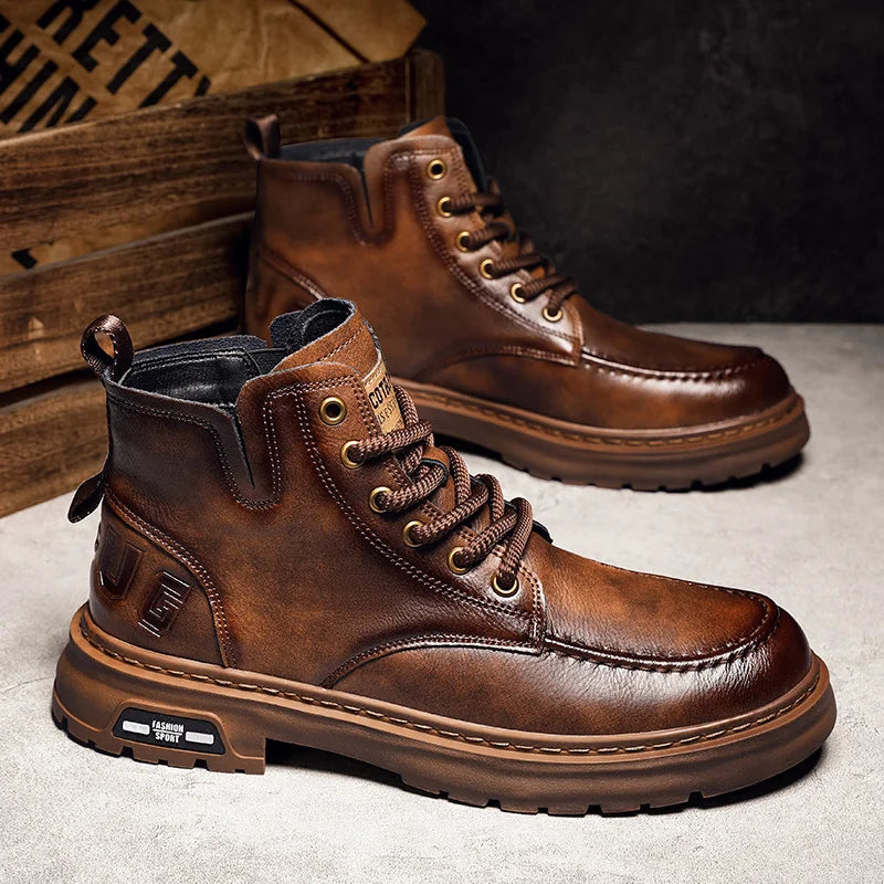 Botas Hombre Motocicleta Outdoor - Botines Casual Plataforma Cordones Marrón Negro