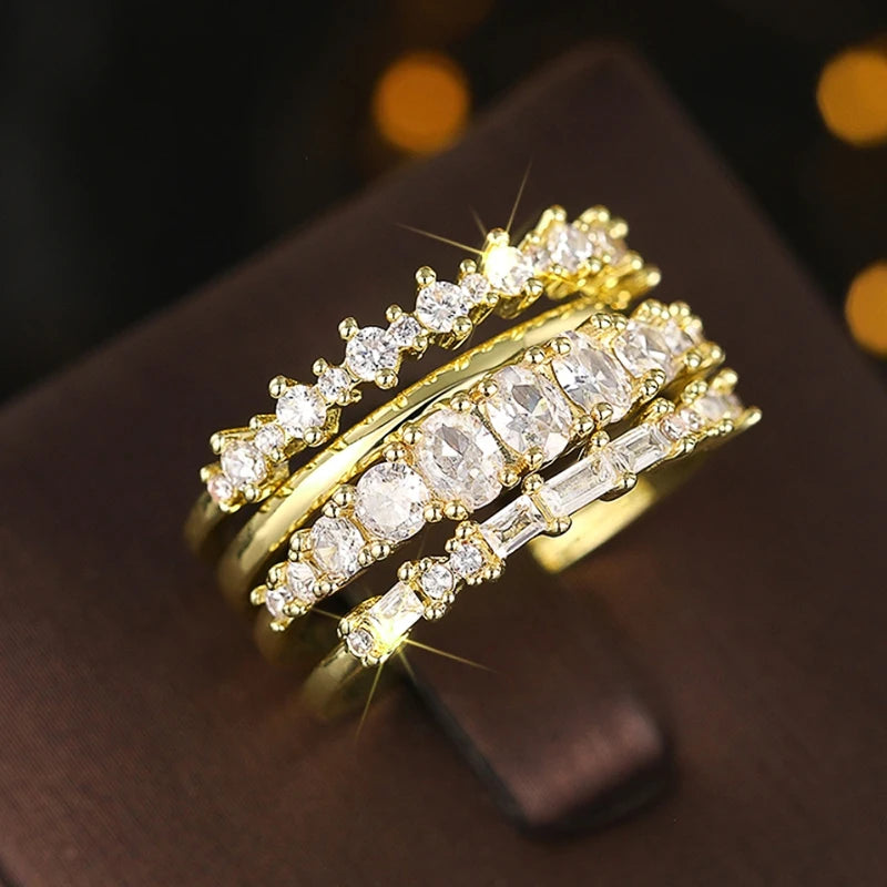 Set 4 Anillos Apilables Circonita - Lujo Trendy Boda Mujer