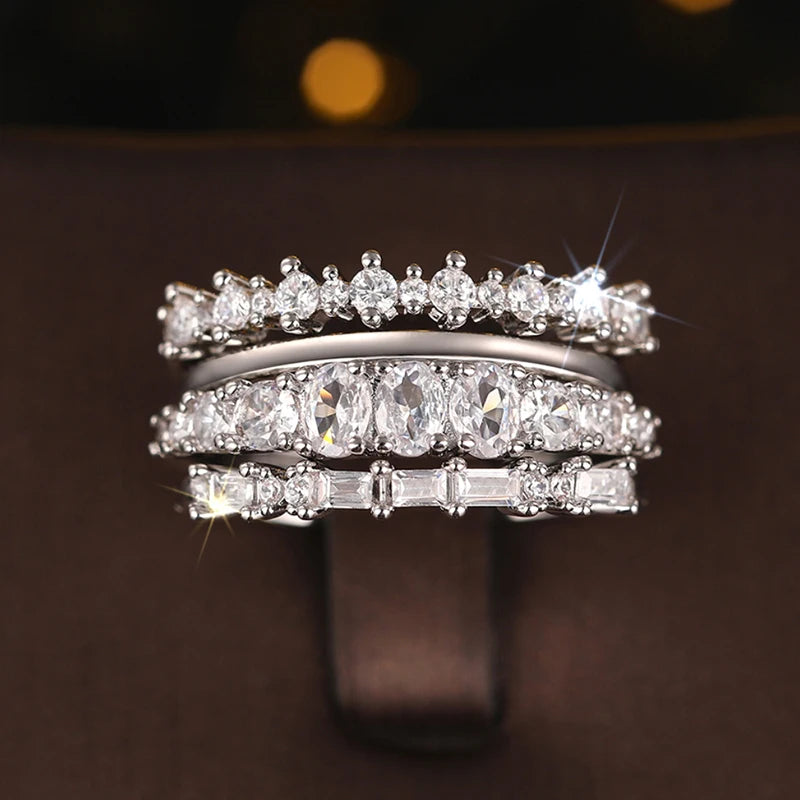 Set 4 Anillos Apilables Circonita - Lujo Trendy Boda Mujer