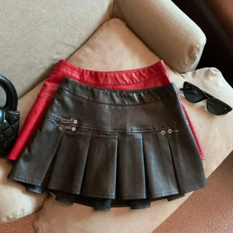 Falda Piel Plisada Mujer Mini - Falda Cuero PU Cintura Alta Roja Negra