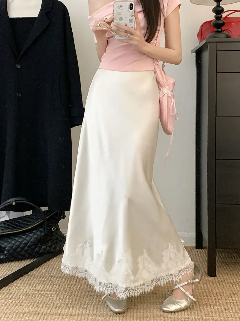 Falda Satén Mujer Larga Elegante - Falda Línea A Encaje Cintura Alta Verano