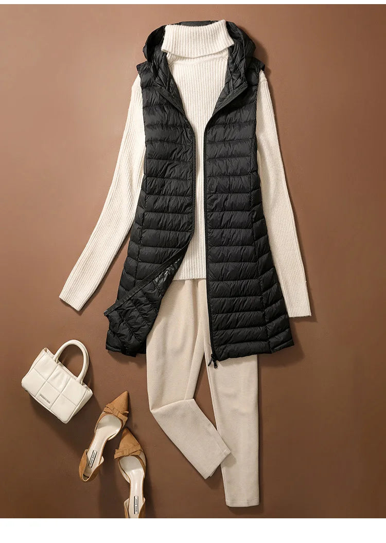 Chaleco Mujer Plumas Pato Ligero - Chaqueta Larga Capucha Slim Otoño