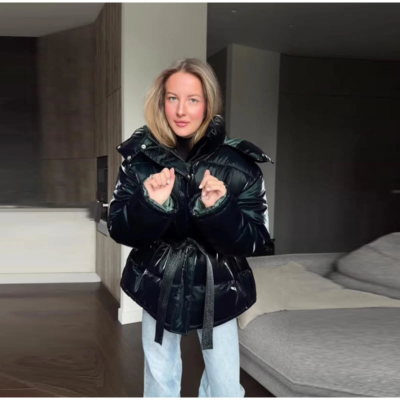Abrigo Mujer Vintage Brillante - Abrigo Capucha Acolchado Cuello Alto 2025