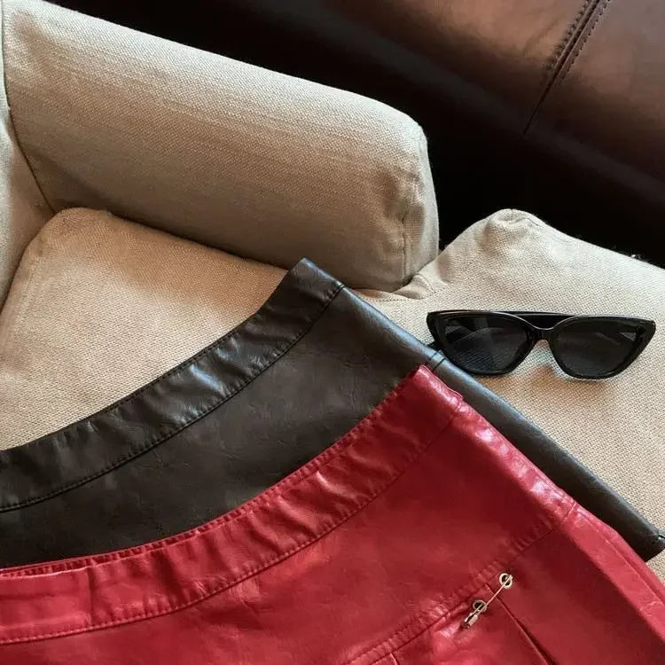 Falda Piel Plisada Mujer Mini - Falda Cuero PU Cintura Alta Roja Negra