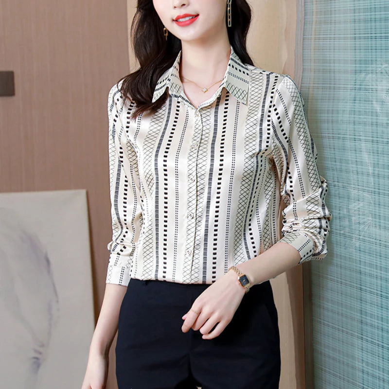 Camisa Satén Mujer Otoño 2025 - Blusa Vintage Oficina Manga Larga