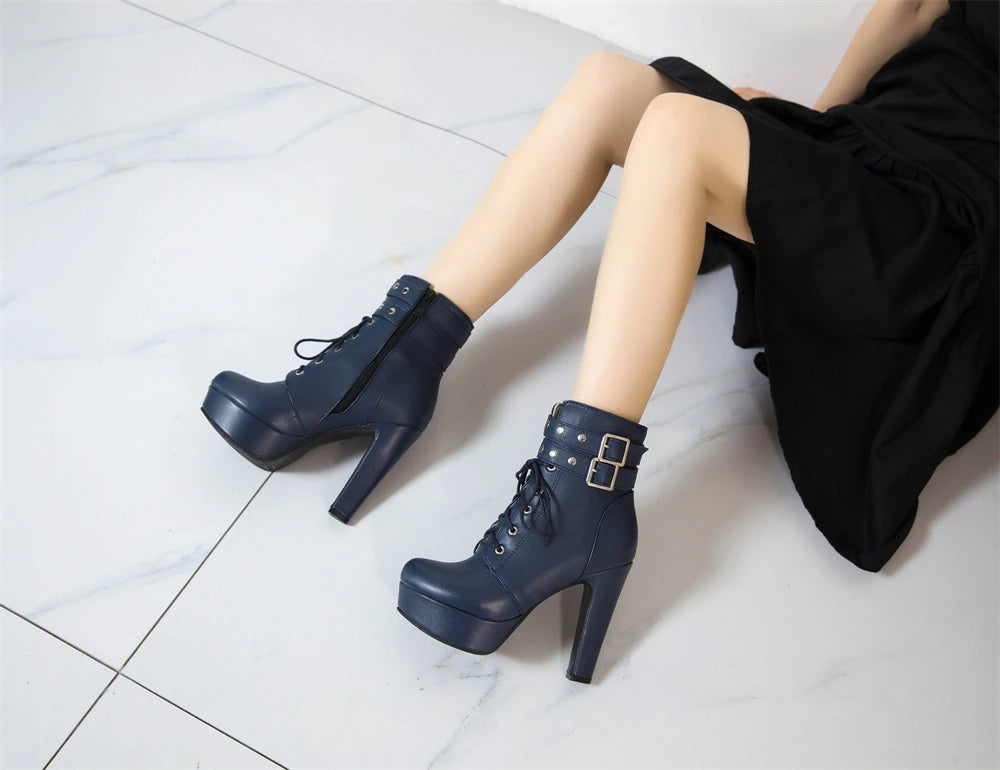 Botas Tobillo Mujer Plataforma Cordones - Tacón Alto Hebilla Talla 34-46