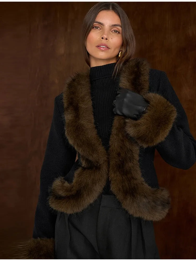 Abrigo Mujer Elegante Cuello Piel - Abrigo Patchwork Slim 2025