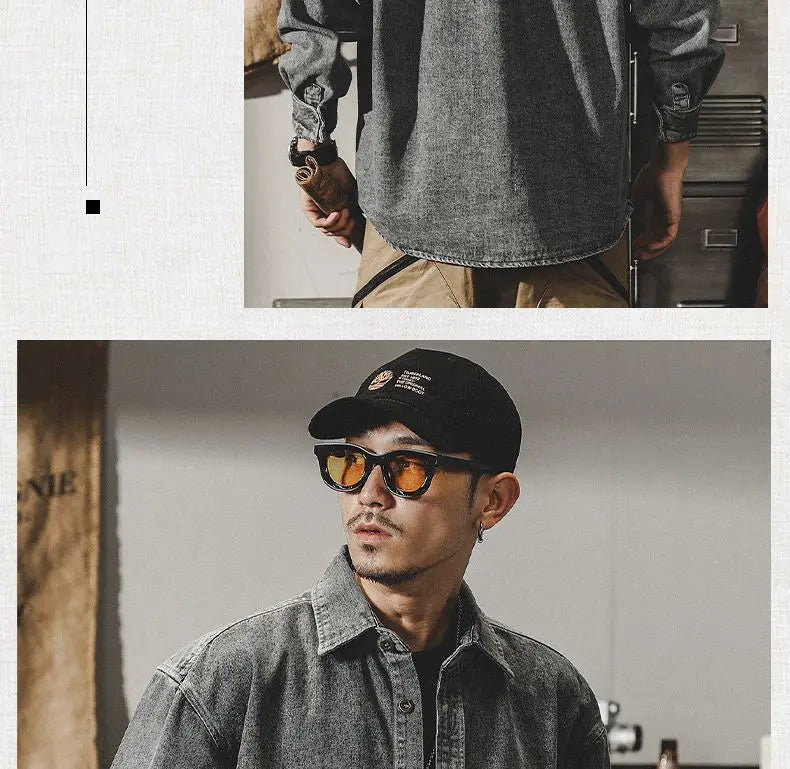 Camisa Denim Hombre Retro Trabajo - Casual Chaqueta Primavera Otoño Azul Manga Larga