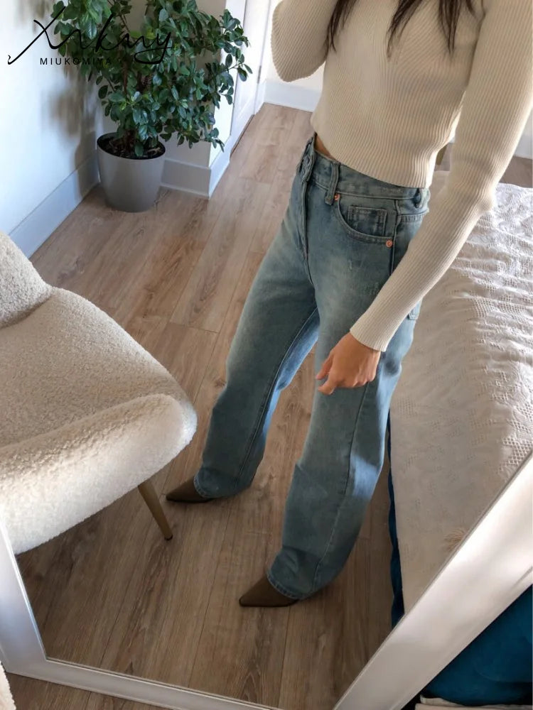 Jeans Rectos Mujer Grises - Pantalón Denim Cintura Alta Vintage