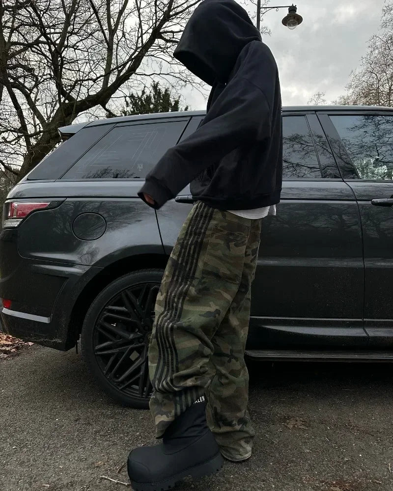 Vaqueros Hombre Camuflaje Pierna Ancha - Pantalones Sueltos Oversize Retro Streetwear