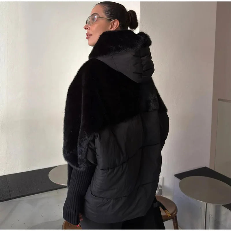 Abrigo Mujer Capucha Patchwork - Abrigo Manga Tejida Oversize 2025