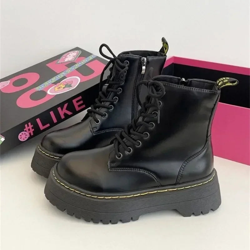 Botas Tobillo Mujer Casual Cuero - Chelsea Punk Goth Plataforma Negro