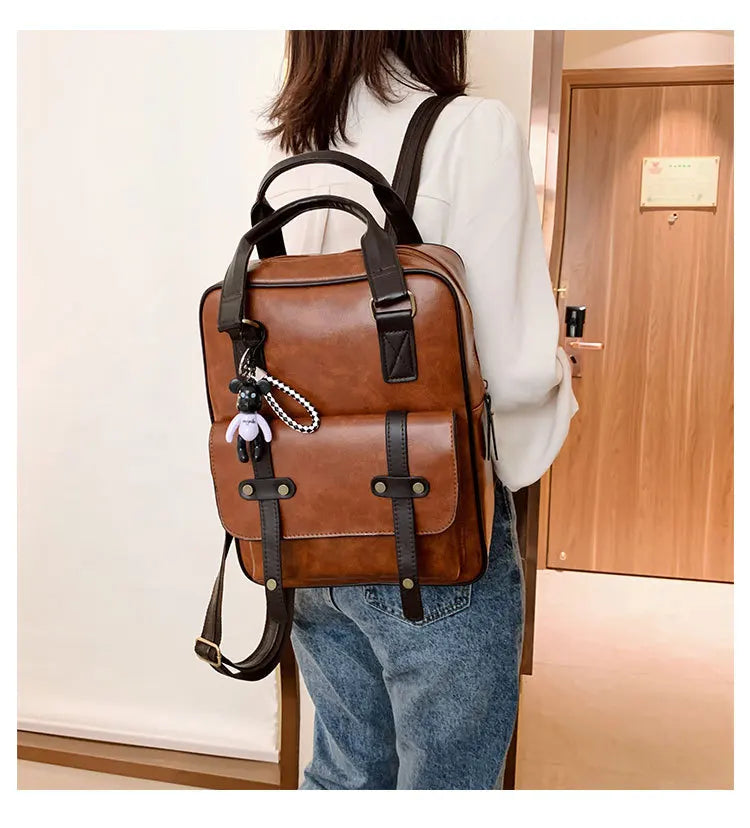 Mochila Cuero Juvenil Unisex - Alta Calidad Adolescentes Escolar Hombro Satchel Color Sólido