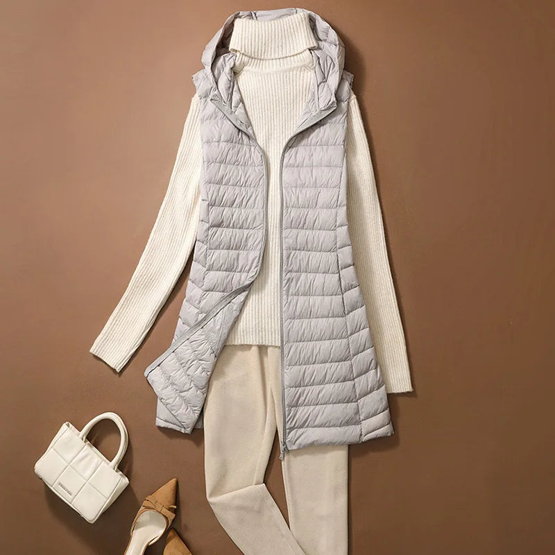 Chaleco Mujer Plumas Pato Ligero - Chaqueta Larga Capucha Slim Otoño