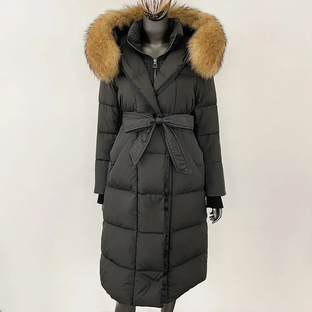 Abrigo Mujer Plumas Pato Piel Mapache - Chaqueta Larga Invierno Lujo